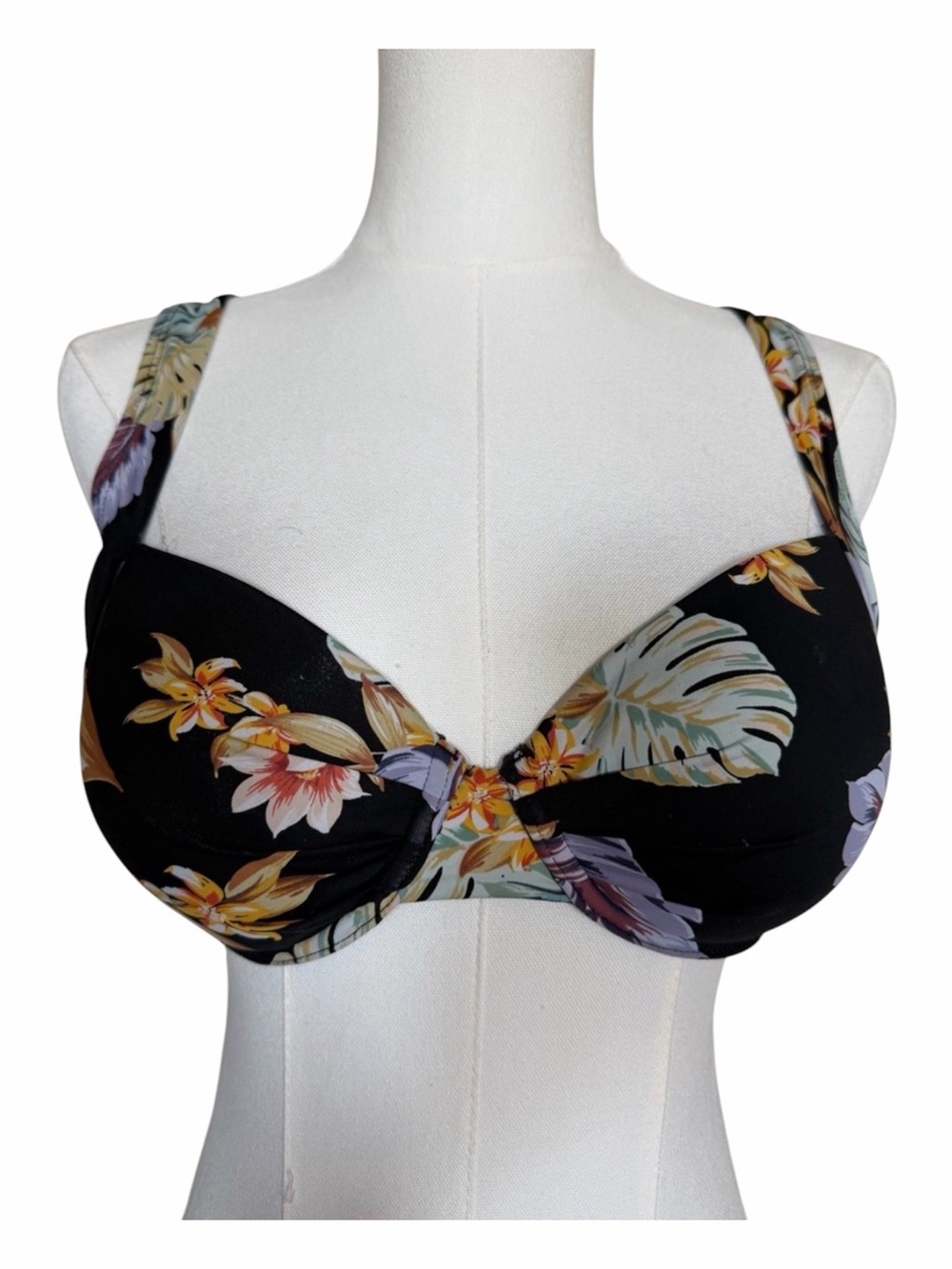 SKYE Tropical Floral Underwire Bikini Top Medium Black Padded Cross Back Swim